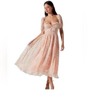 Astr the Label Orange Green Lunaria Pleated Floral Midi Dress Sz M